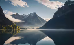 water reflects trees and mountains at the bottom
