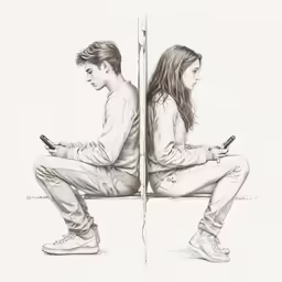 a drawing of a young man and woman seated in the same pose on cell phones