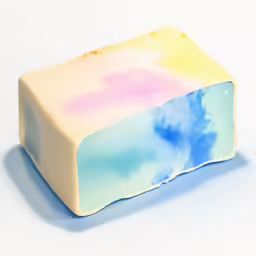 an unusual soap bar that has been painted pink, blue, and yellow