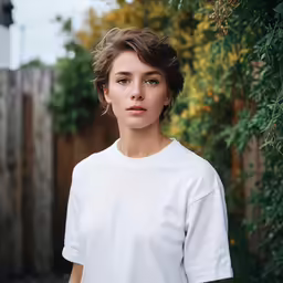 a woman in a white shirt is standing next to some trees