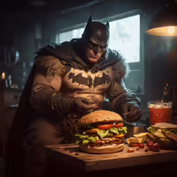 a batman burger with the hero sitting at his table
