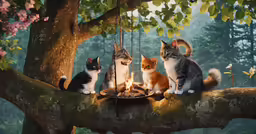 a group of cats sit on the branch of a tree and look up at the sky