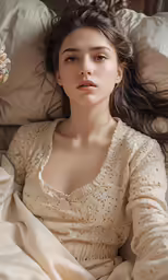 the woman is laying in bed next to her pillow