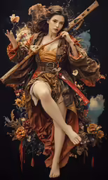 a woman dressed in a costume and holding a stick