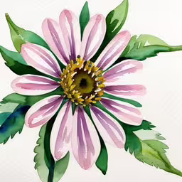 the watercolor drawing is beautiful with the colors of pink,a large purple flower is on top of leaves