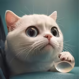 a white kitten looking at the camera while sitting on a blue seat