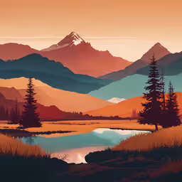 a landscape painting with mountains, a river and pine trees,a river, forest and mountains in a beautiful sunset scene