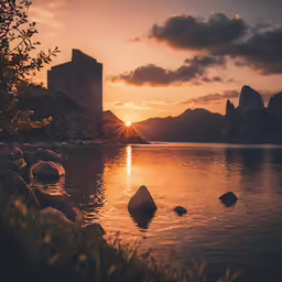 a lake with some rocks in the water at sunset