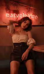 a woman in a white top is sitting down