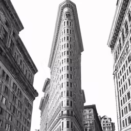 black and white photograph of the flatiro building, in nyc
