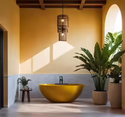 an empty yellow bowl on a tiled wall with potted plants