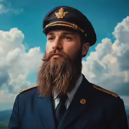 man in uniform looking at camera against blue sky