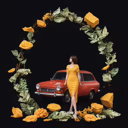 a woman in a yellow dress in front of a car,woman wearing yellow dress standing next to car with flowers