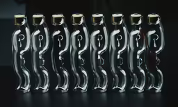 a bunch of bottles with yellow caps and letters in each