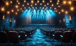 an empty stage is illuminated by the lights and a screen