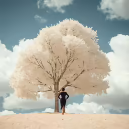 a person in black jacket under a big tree on a cloudy day