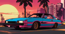 a pink, blue and purple classic car on a city street,a blue car parked on the side of a road