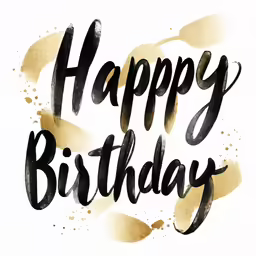 happy birthday written in gold and black with a watercolor stroke