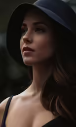 a woman wearing a black hat while wearing a dress