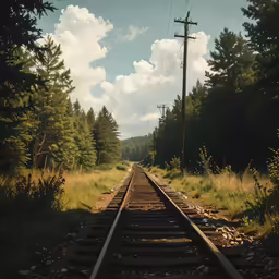 the rail road tracks are lined up along the trees