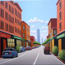 this painting shows a street with buildings and parked cars