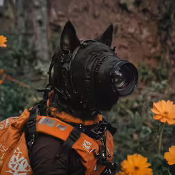 a dog has an orange backpack and there are flowers behind him