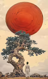 a tree and a person with a red sky in the background