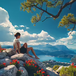 a person is sitting on a rock overlooking a mountain lake