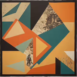 a painting with several different colors of shapes,a large geometric design with many smaller objects