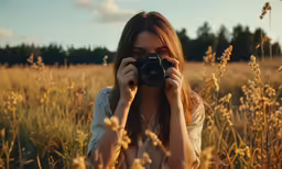 a woman taking a photo of herself through tall grass