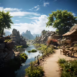 a small pond and tables in a desert like area