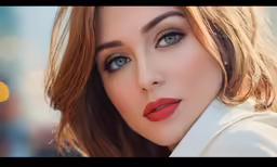 a woman with red lipstick and big blue eyes