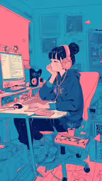 a man sitting at a computer with headphones on and a monitor and microphone,a woman with headphones on in front of a desk
