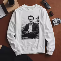 the face of abraham in a picture on a white sweater
