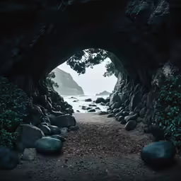 there is a dark cave on the shore