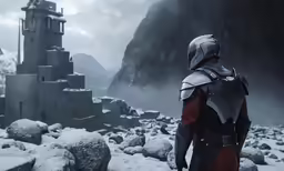 the witch knight stands near a mountain top in the middle of the snow