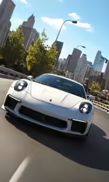 a white sports car drives along the highway in a city