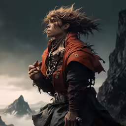 a person in an old style clothes looks over his shoulder