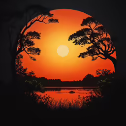 a painting shows the sun setting behind trees