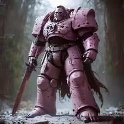 the pink deathwatch is holding two weapons