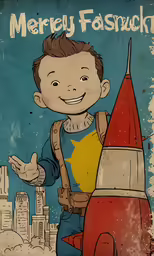 a young boy in blue shirt standing next to a rocket
