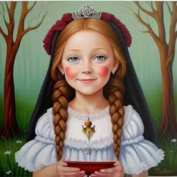 an oil painting of a girl with a crown and red hair,a painting of a young girl in a dress and tiara