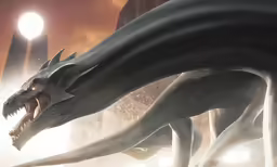 a white and black dragon standing next to a light