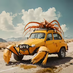 a yellow car with two claws that are in front of it