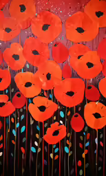 a red and orange painting with some red flowers