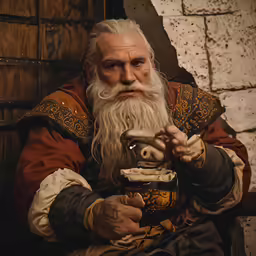 old man with long white beard holding a tea pot