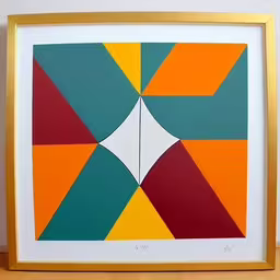 there is a framed art with squares and geometric designs,a picture of some sort of art work,an art piece in gold frames on a wooden table,an orange, yellow, and green painting on the floor,a small gold framed artwork displaying a geometric design