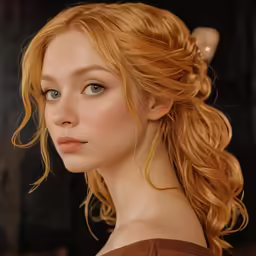 a woman with blue eyes has red hair and a crown on her head