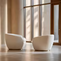 a pair of white chairs in a lobby area