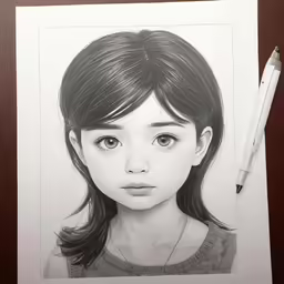a young girl in black and white has a pencil in front of her
